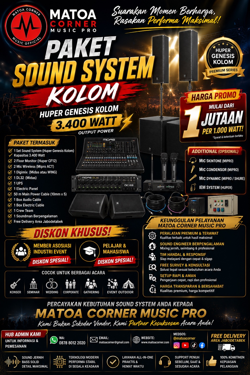 sewa sound system kolom huper genesis 3400 watt matoa corner